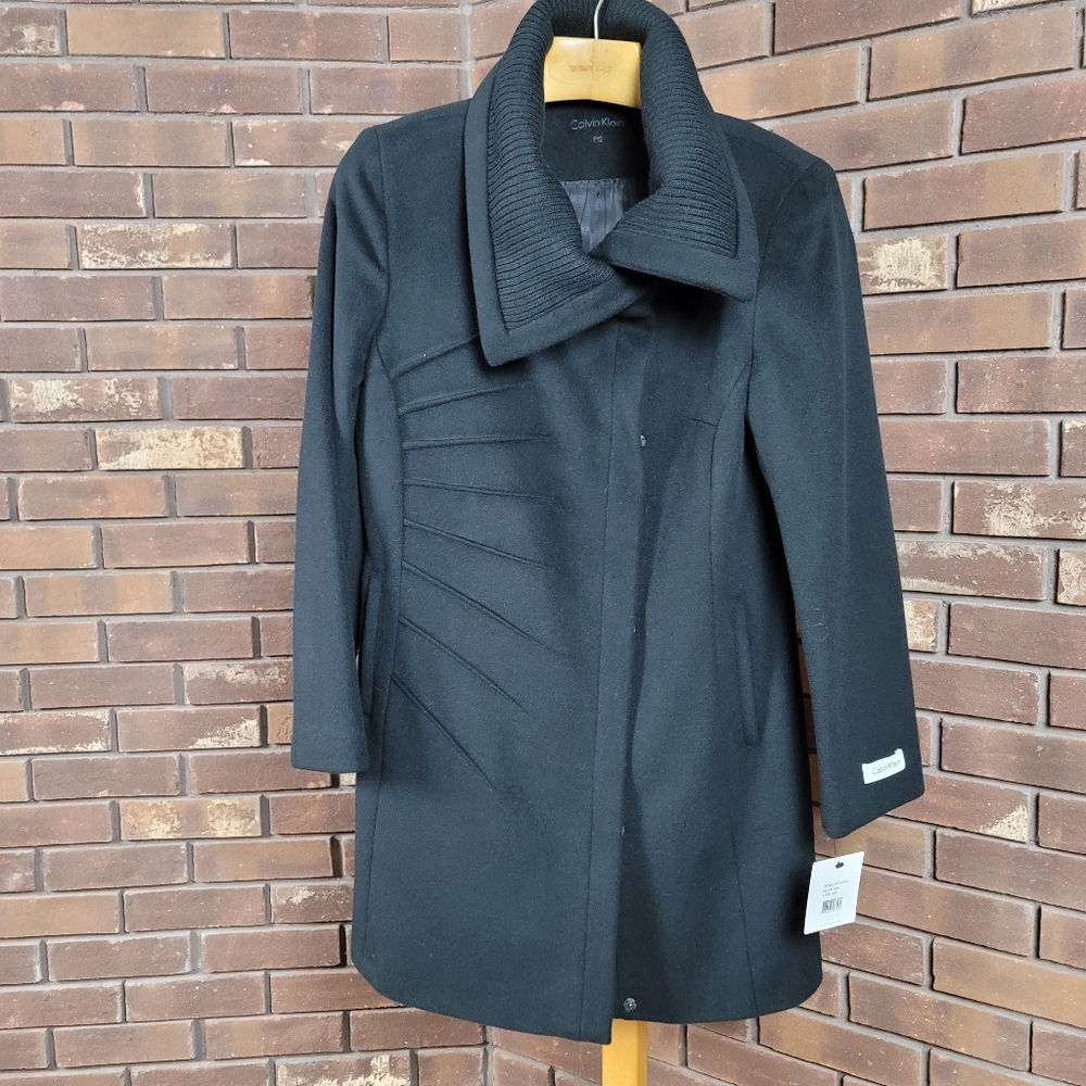 Calvin Klein black wool zip pea coat, sweater detail collar, petite 12